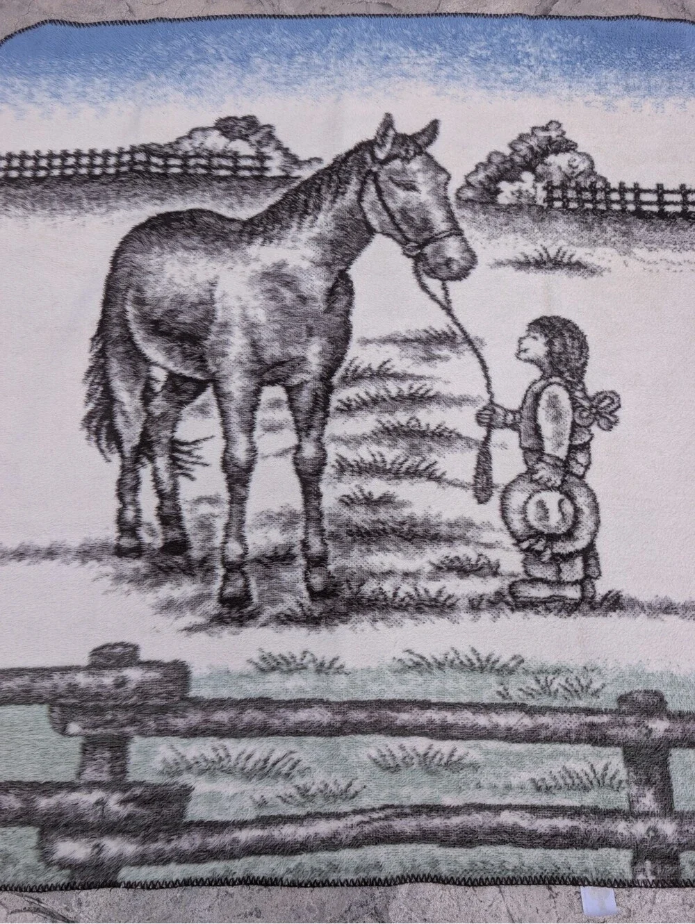 Vtg Earth Ragz Throw Blanket Plush Fleece Horse Girl Equestrian Western 48x52
